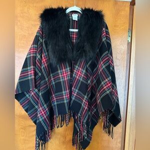 J. Crew Faux Fur and Holiday Wool Plaid Fringe Shawl, Wrap, Cape, OS
